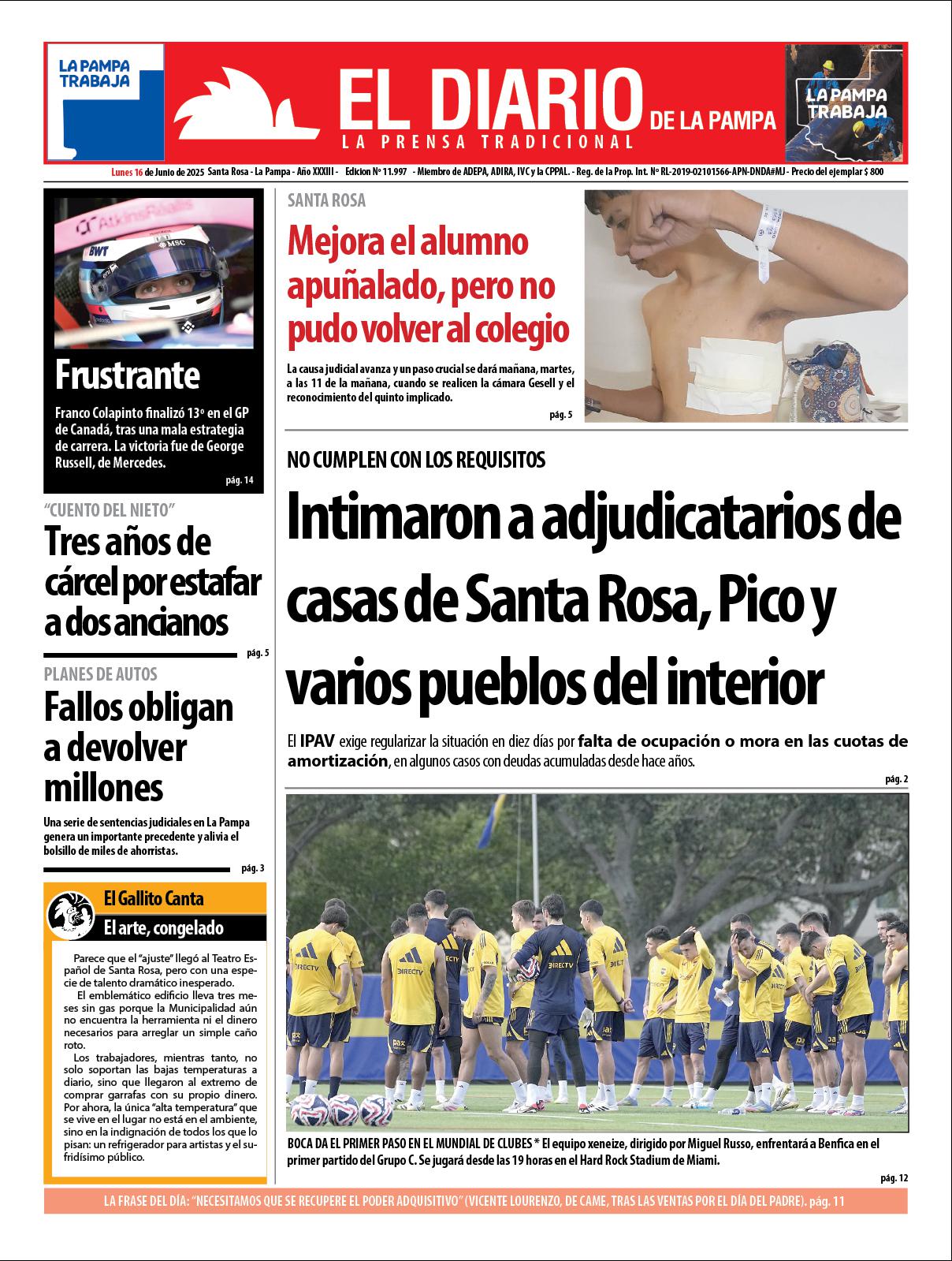 Tapa de El Diario en papel  lunes 16 de junio de 2025